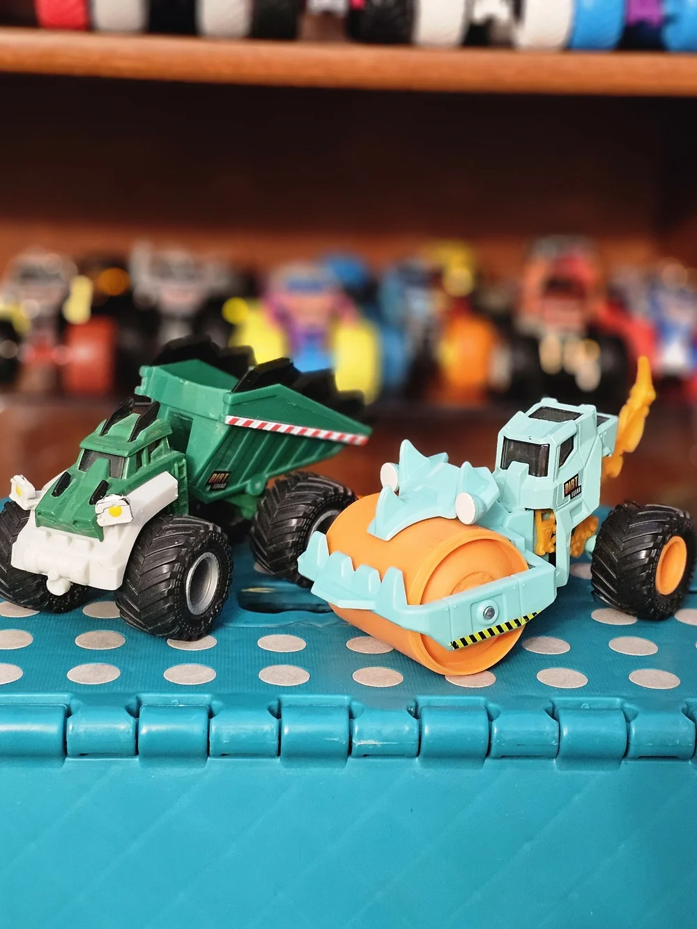 Monster Jam Lot Of 2 Dirt Squad Trucks Green Dumptruck And Teal Roller